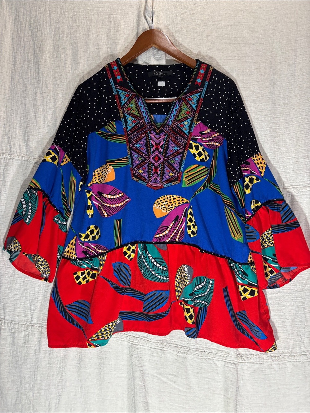 Calessa Bohemian Geometric Multicolor Embroidered Patchwork Tiered Tunic large